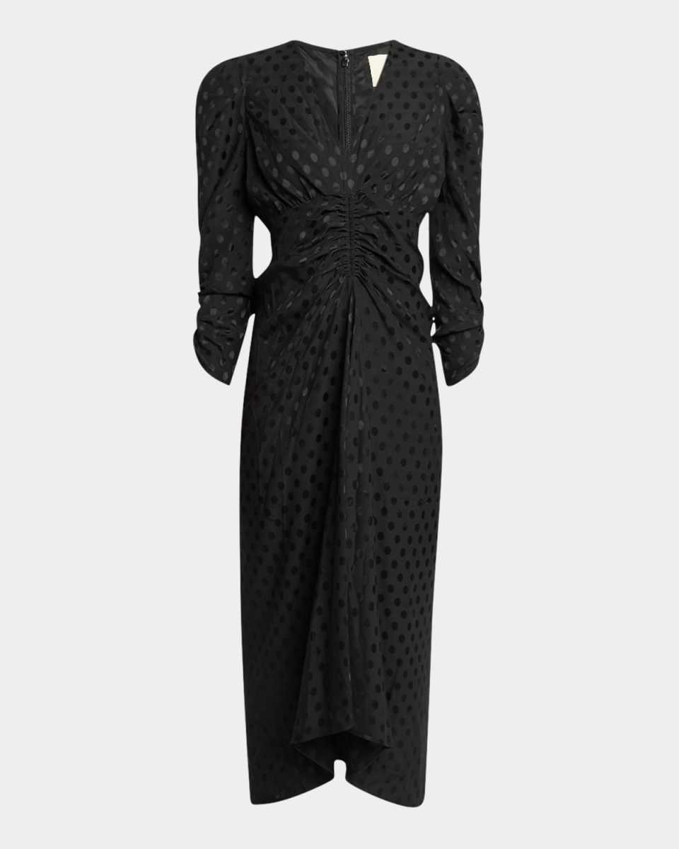 Albini Polka-Dot Ruched Sleeve Midi Dress